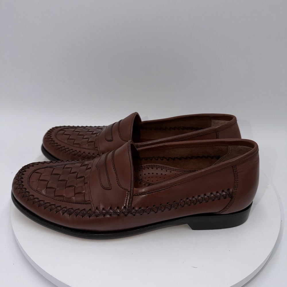 Bass Shoes Woven Penny Loafer Moc Leather Mens Size 8 Tabor Brown Slip-On Preppy